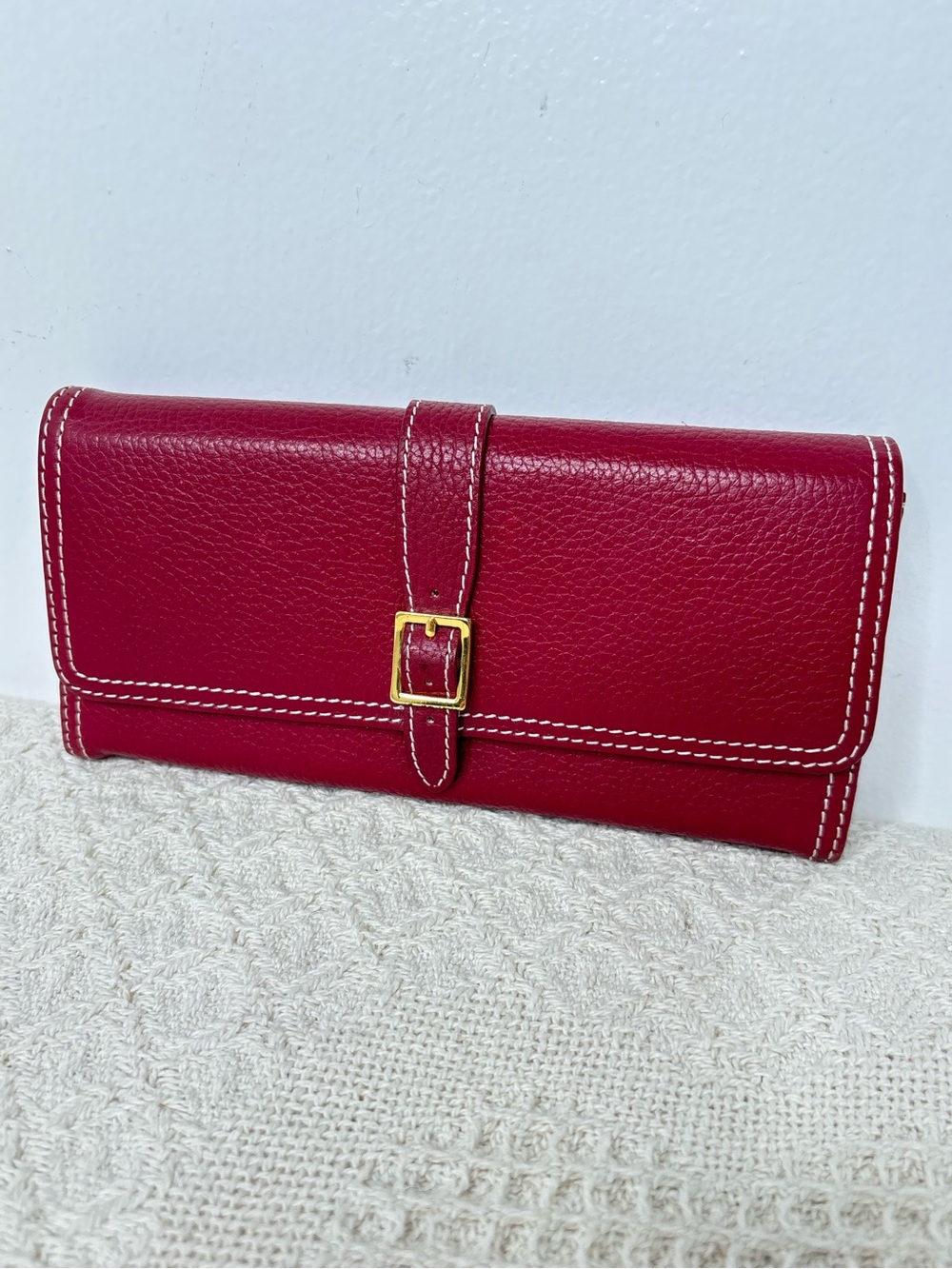 Loft Red Pebble Leather Buckle Wallet Long Envelope Phone Clutch